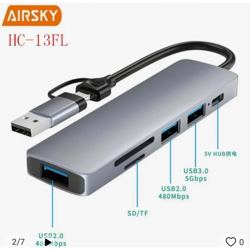AİRSKY HC13FL 5 İN 1 USB TYPE-C 2 İN 1 ÇEVİRİCİ